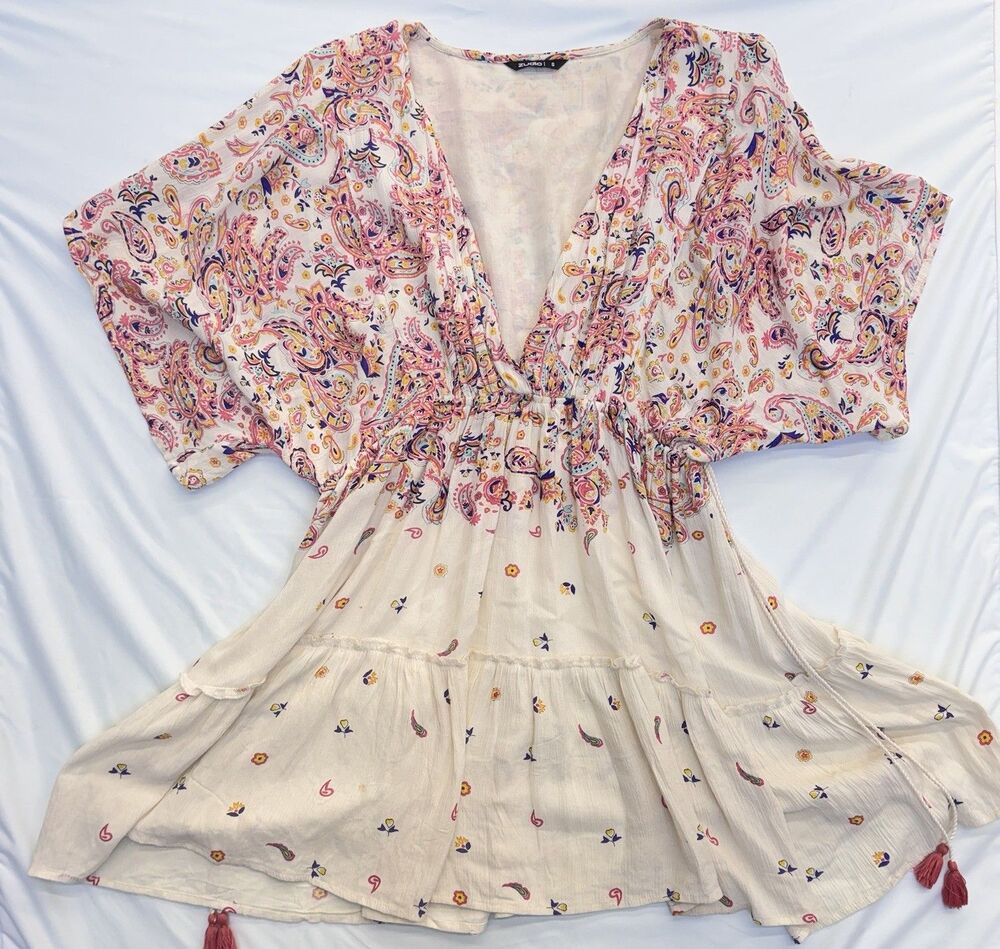 Zudio Boho Paisley Tunic Dress Small Deep V-Neck Flutter Sleeve Summer Beach